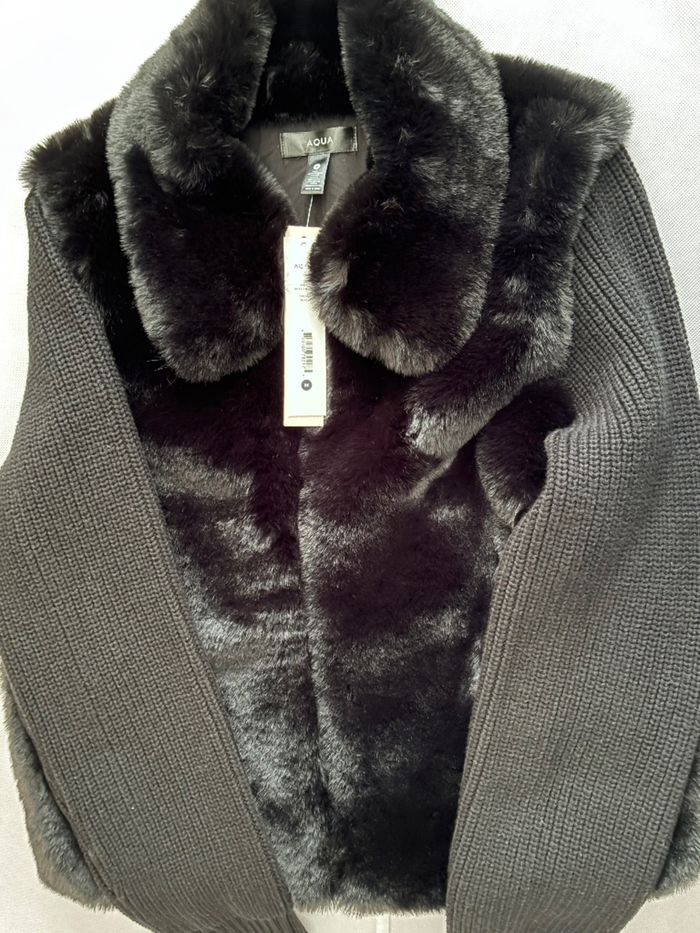 NWT Aqua Black Faux Fur Mixed Media Jacket Knit Panels Textured Indie Style M